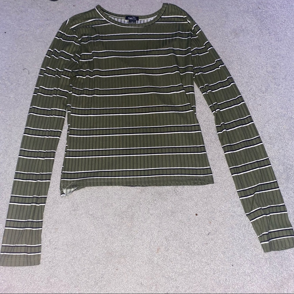 Forever 21 Green Black and White Striped Long Sleeve